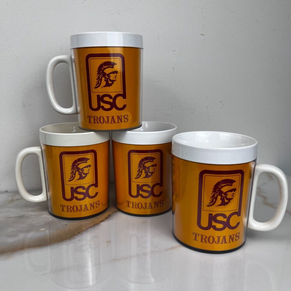 Vintage Thermo Serv USC Trojans Mugs Cups Set of 4 NCAA Big Ten Fan Memorabilia